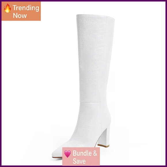Knee High Riding Boots Size 6-11 Chunky Heel Faux Croc Block Heel